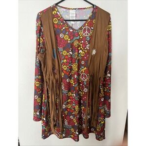 Hippie Costume Bell Sleeve Dress Fringe Vest Floral Groovy Retro Medium/ XL